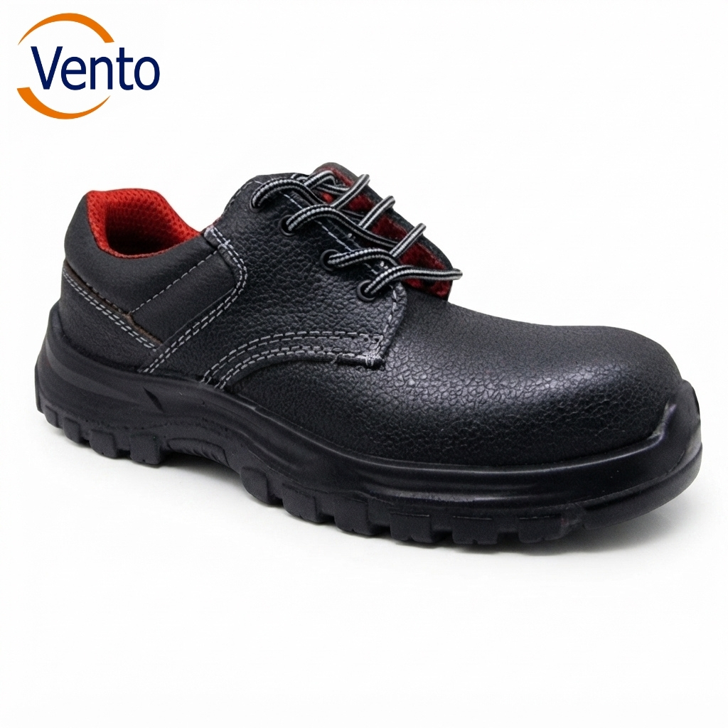 Black leather work boot with red interior and chunky tread on a white background; Vento logo appears in the top-left corner.
