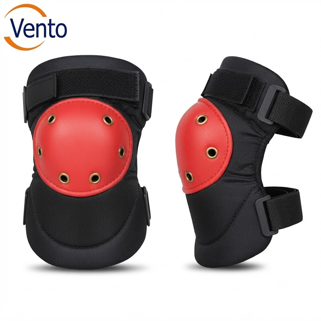 Pair of black knee pads with red circular protective caps and adjustable Velcro straps, branded Vento.