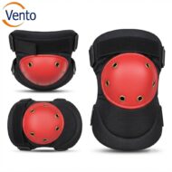 Vento knee protection set: black fabric pads with red hard-shell knee guards, shown from multiple angles.