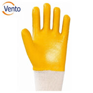 Yellow rubber glove with a white knit cuff on a white background, Vento logo in the top-left corner.