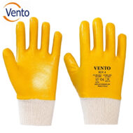 Pair of yellow coated work gloves with white knit cuffs; palm shows 'VENTO ELV 4' branding, used for hand protection.