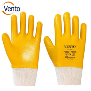 Pair of yellow coated work gloves with white knit cuffs; palm shows 'VENTO ELV 4' branding, used for hand protection.