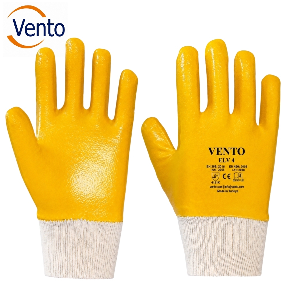 Pair of yellow coated work gloves with white knit cuffs; palm shows 'VENTO ELV 4' branding, used for hand protection.