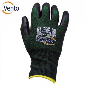 Green and black work glove with yellow cuff and Vento branding on the back of the hand, photographed against a white background