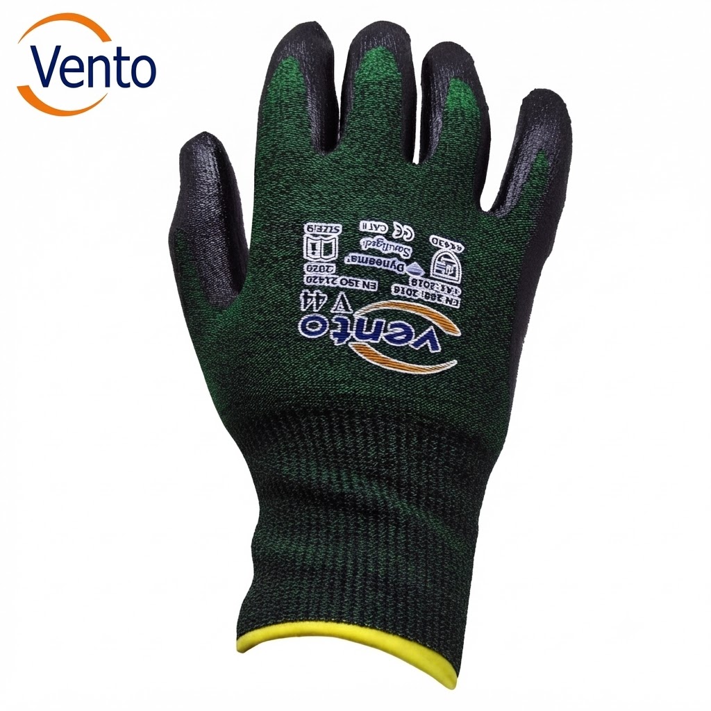 Green and black work glove with yellow cuff and Vento branding on the back of the hand, photographed against a white background