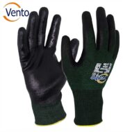 Pair of black rubber-coated work gloves with green knit backs and yellow trim, branded Vento, shown from the palm and back sides.
