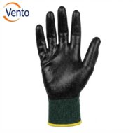 Black coated work glove with a green knit cuff and yellow trim on a white background, Vento logo in the top-left corner.