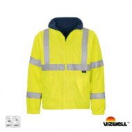 High-visibility yellow safety jacket with reflective bands on chest, arms, and waist; Vizwell brand shows at bottom.