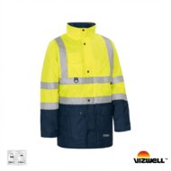 High-visibility safety jacket in neon yellow and navy with reflective stripes, front pockets, and a stand collar (Vizwell branding).
