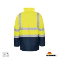 Back view of neon yellow high-visibility safety jacket with reflective stripes and a navy lower section.