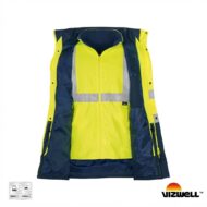 High-visibility neon yellow jacket with reflective strips and navy lining, zipper front, Vizwell brand logo nearby on bottom right (safety outerwear).