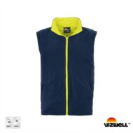 Navy blue fleece vest with neon yellow zipper and collar, front view, Vizwell brand.
