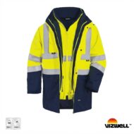 High-visibility yellow and navy safety jacket with reflective bands and a front zipper.