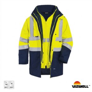 High-visibility yellow and navy safety jacket with reflective bands and a front zipper.