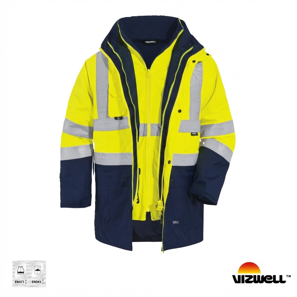 High-visibility yellow and navy safety jacket with reflective bands and a front zipper.