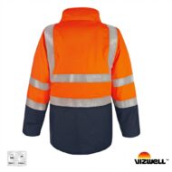 Back view of a high-visibility orange jacket with reflective silver bands, navy lower section, designed for visibility in low light (Vizwell branding visible).