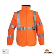 High-visibility orange safety jacket with reflective silver bands for daytime and nighttime visibility.