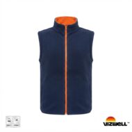 Navy blue sleeveless fleece vest with bright orange zipper and orange inner collar lining, Vizwell brand bottom-right corner edge.