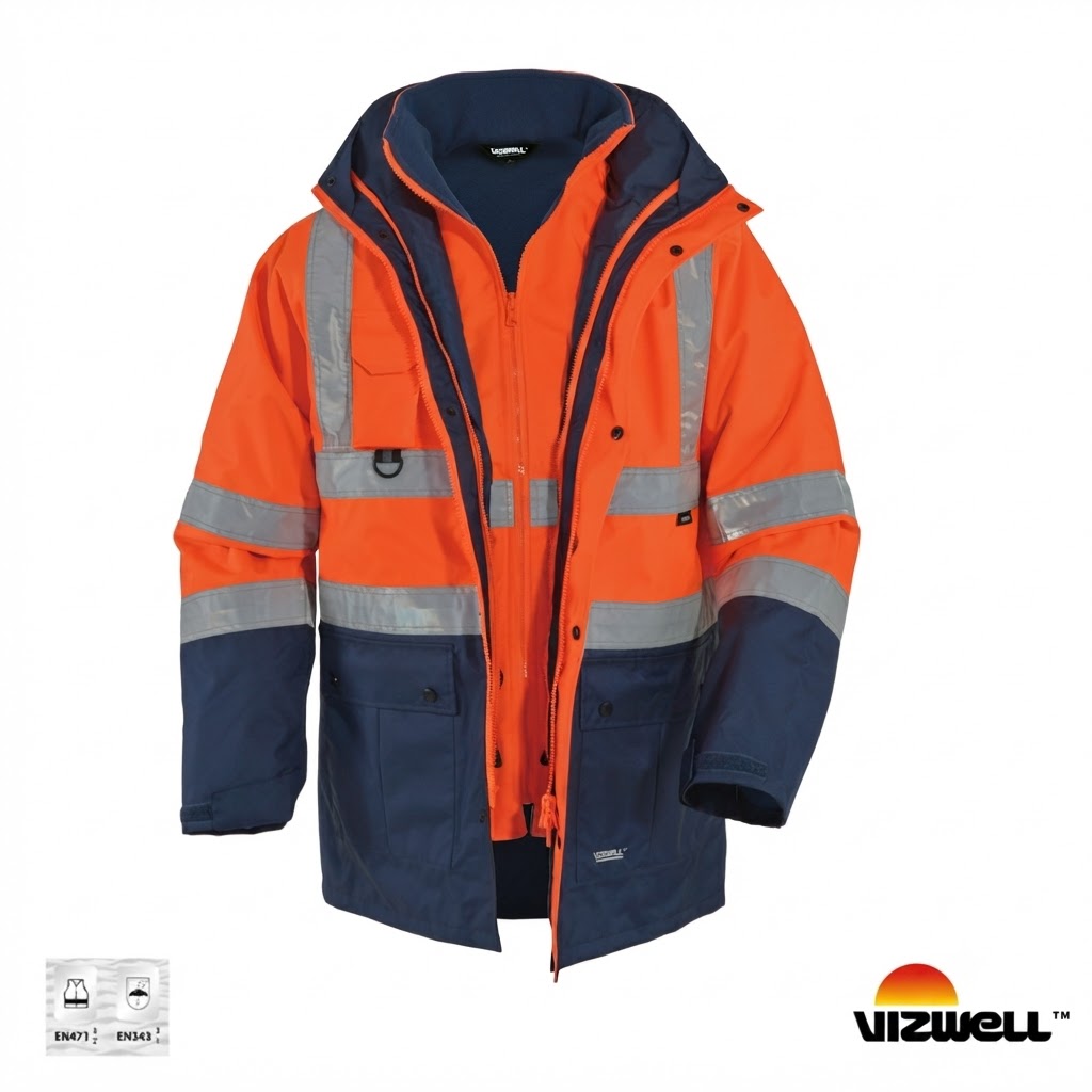 High-visibility orange and navy safety jacket with reflective bands and multiple pockets.