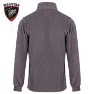 Back view of a dark gray fleece jacket with a stand-up collar and ribbed cuffs; Wolfstar logo in the upper left corner.