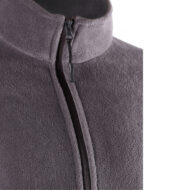 Close-up of a dark gray fleece jacket zipper with the zipper pull visible on the left side of the image