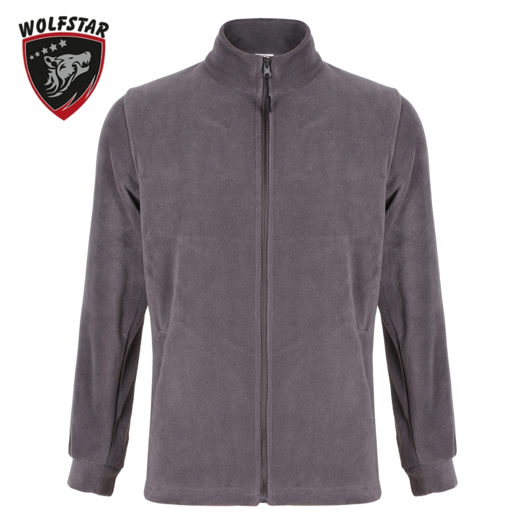 Gray zip-front fleece jacket with a stand collar and long sleeves; Wolfstar logo in the top-left corner