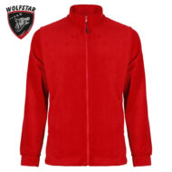 Red zip-up fleece jacket on a white background with a Wolfstar logo in the top-left corner.