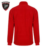 Back view of a red long-sleeve jacket on a white background.