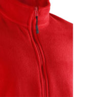 Close-up of a red fleece jacket zipper running along the front seam