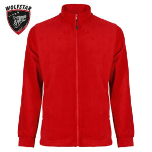 Red zip-up fleece jacket on a white background with a Wolfstar logo in the top-left corner.