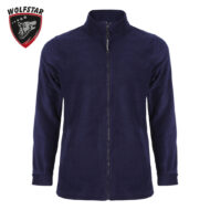 Navy fleece jacket with full-length zipper and standing collar, displayed on white; Wolfstar logo in top-left corner.