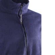 Close-up of a navy fleece jacket with a zipper and metal pull tab at the high collar area.