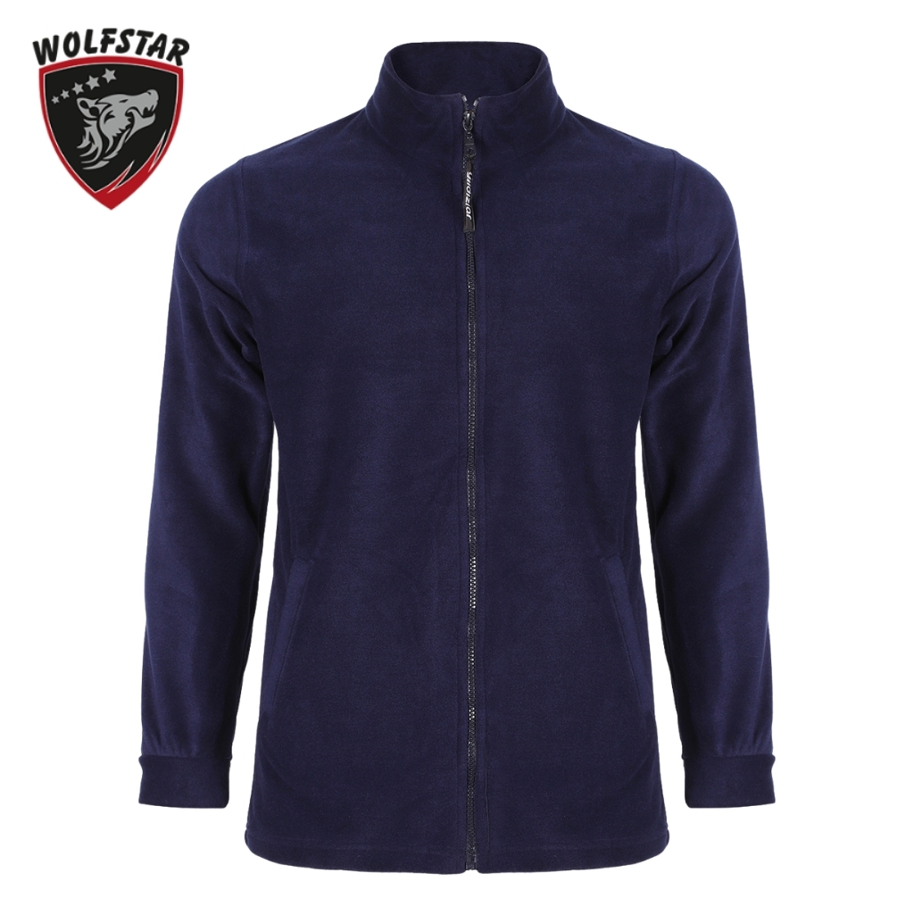 Navy fleece jacket with full-length zipper and standing collar, displayed on white; Wolfstar logo in top-left corner.