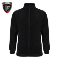Black full-zip fleece jacket with stand collar on a white background, front zipper and long sleeves (Wolfstar logo in corner).