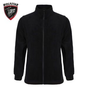 Black full-zip fleece jacket with stand collar on a white background, front zipper and long sleeves (Wolfstar logo in corner).