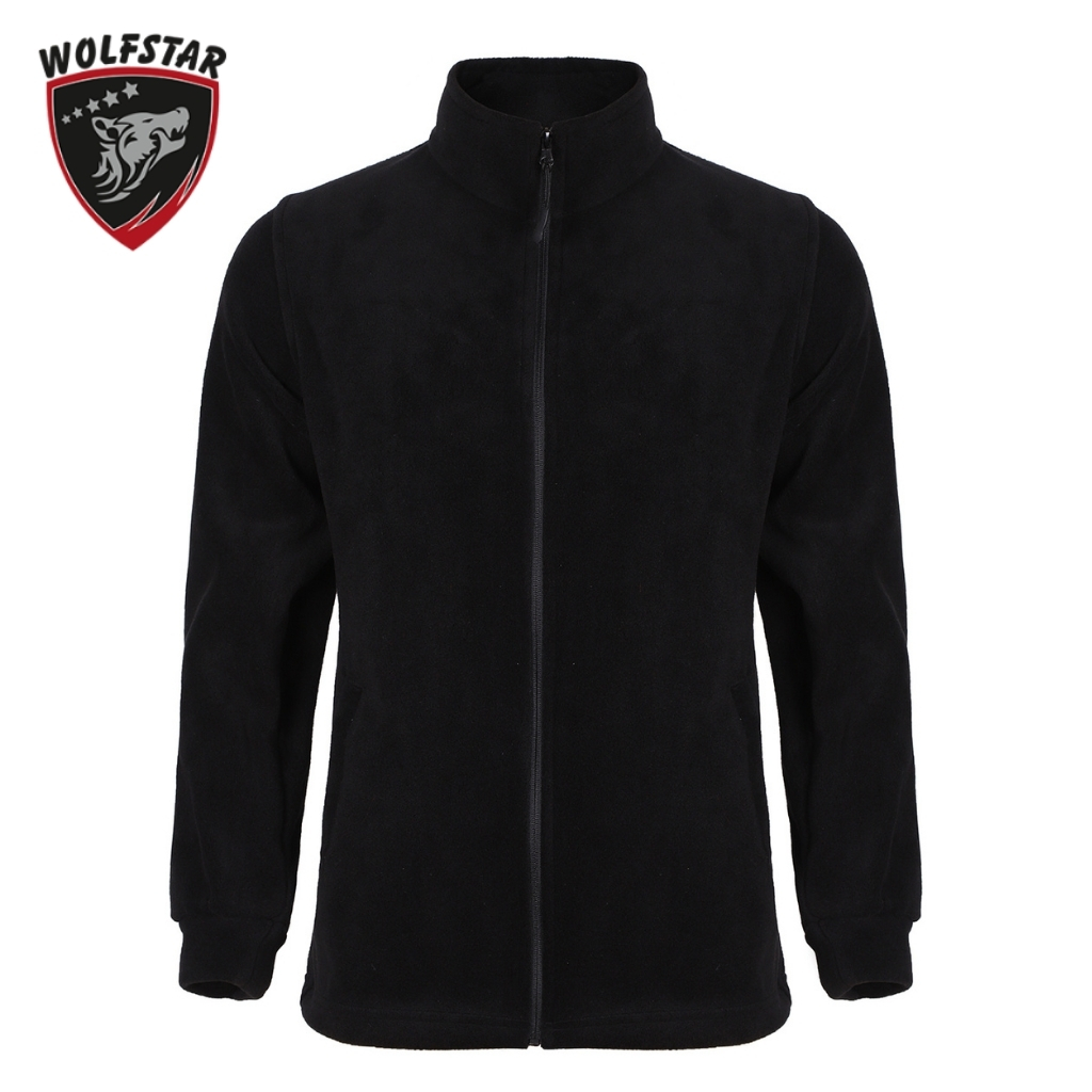 Black full-zip fleece jacket with stand collar on a white background, front zipper and long sleeves (Wolfstar logo in corner).