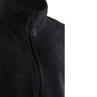Close-up of a black fleece jacket with a zippered front and high collar.