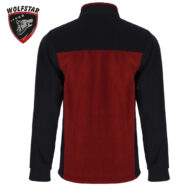 Back view of a black-and-red color-block jacket with a red torso and black sleeves, brand patch visible on the upper left corner (Wolfstar logo).