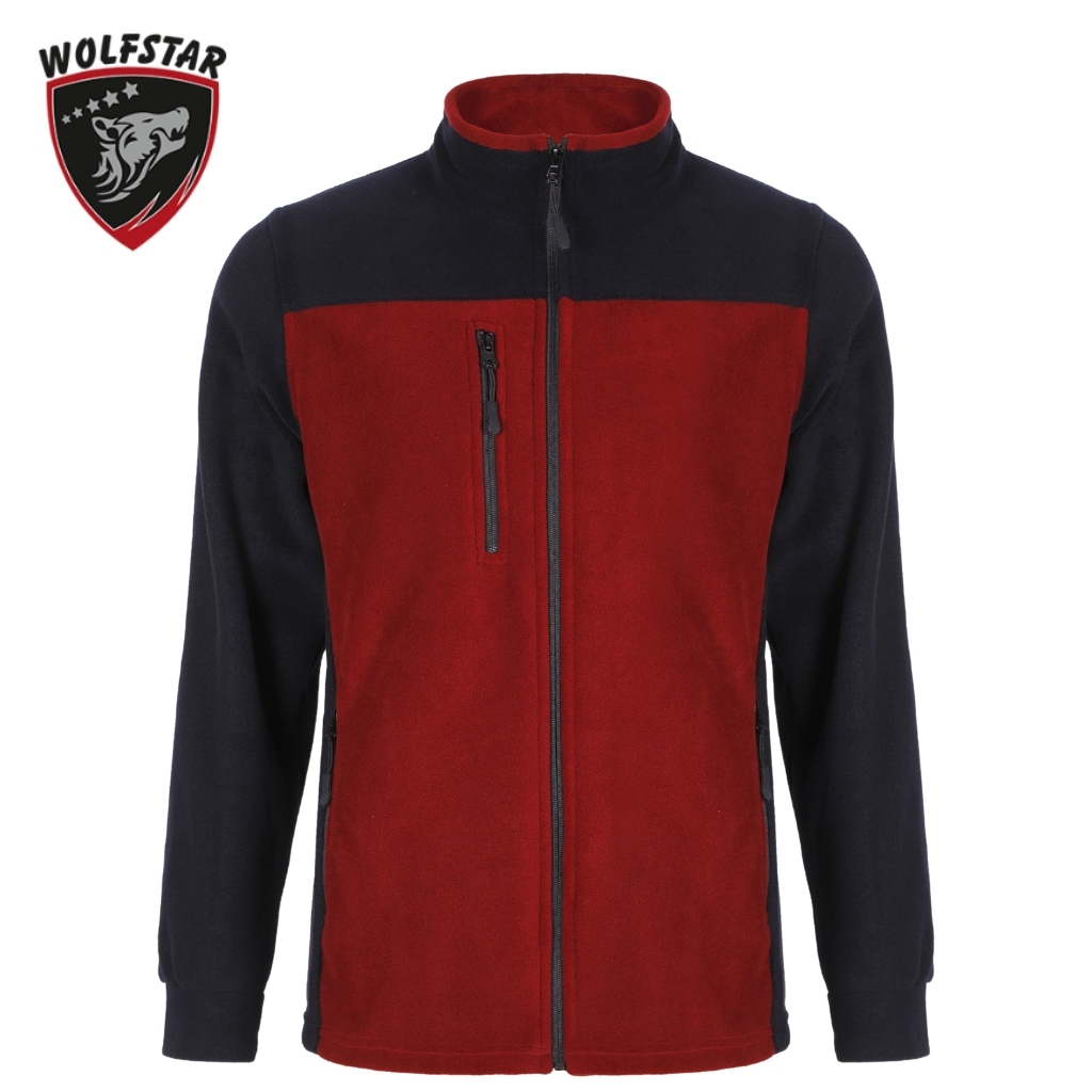 Red and navy fleece jacket with full front zipper and chest zip pocket, shown on white background; Wolfstar logo in the top-left corner.