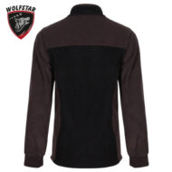 Back view of a color-block long-sleeve shirt: brown sleeves and yoke with a black torso, dark collar, logo on the left edge reading 'WOLFSTAR'