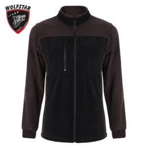 Brown and black two-tone fleece jacket with full-zip front, zip chest pocket, side pockets, ribbed cuffs, and a Wolfstar logo in the top-left corner.