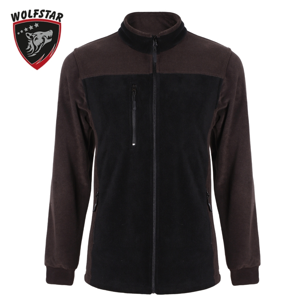 Brown and black two-tone fleece jacket with full-zip front, zip chest pocket, side pockets, ribbed cuffs, and a Wolfstar logo in the top-left corner.