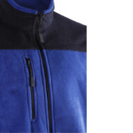 Close-up of a blue fleece jacket with a black top panel and vertical zippers on the chest area.