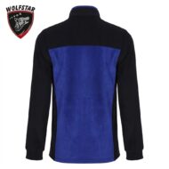 Back view of a black and cobalt blue color-block jacket with a blue front panel and stand-up collar.