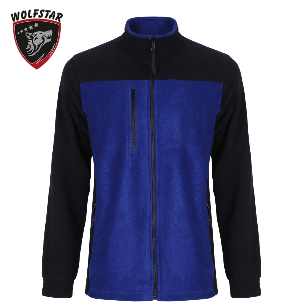 Blue and black zip-up fleece jacket with a blue front panel, black sleeves, a vertical chest pocket, and a stand-up collar; Wolfstar logo top-left.