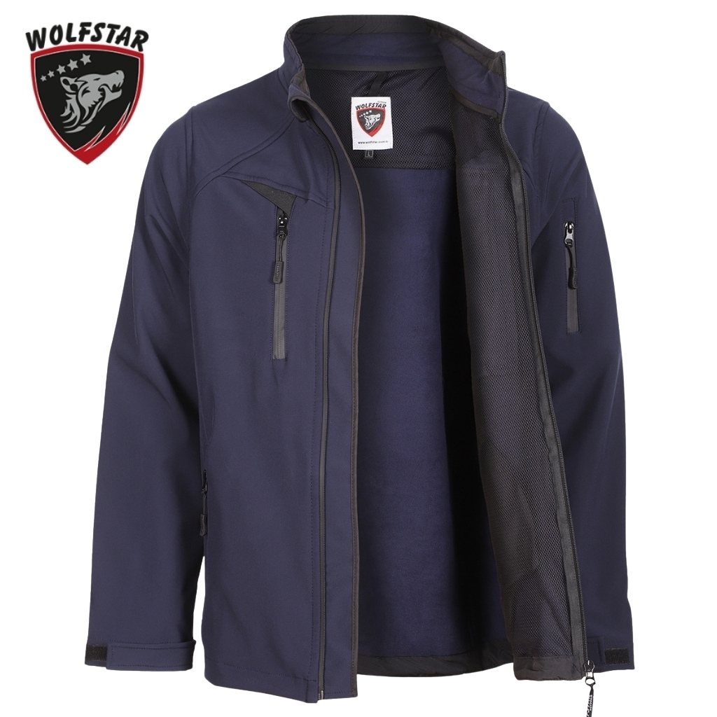 Navy Wolfstar jacket, unzipped to show interior mesh lining; features front and chest zip pockets and subtle detailing at cuffs.