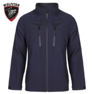 Navy soft-shell jacket with high collar, front full zipper and two vertical zip pockets on the chest; Wolfstar logo in top-left corner as a separate emblem.