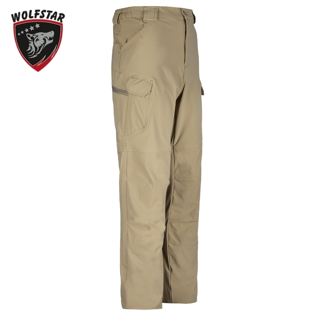 Beige cargo pants with multiple pockets and reinforced knee panels, shown from the side against a white background; Wolfstar logo in the top-left corner.