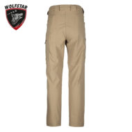 Tan cargo pants with multiple pockets, straight-leg fit (brand logo in corner).