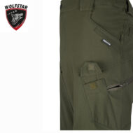 Olive green cargo pants by Wolfstar with multiple pockets and zipper details visible on the thigh area